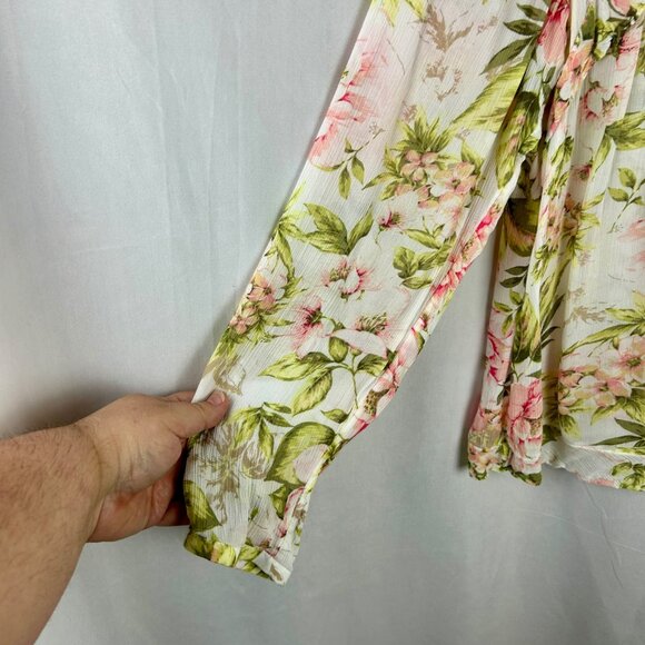 J Jill Floral Ruffle Trim Blouse Women Large Petite White Pink Green Cottagecore - Picture 9 of 11